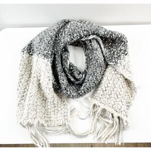 J. Jill Wool Blend Colorblock Crochet Knit Fringe Trim Scarf Wrap Gray